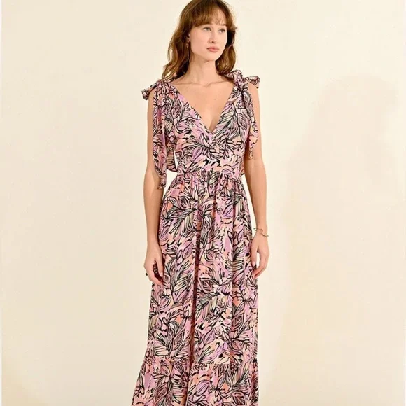 NWOT Molly Bracken Pink Palm Print Tie Sleeve Deep V-Neck Maxi Dress Size Small - Picture 6 of 14